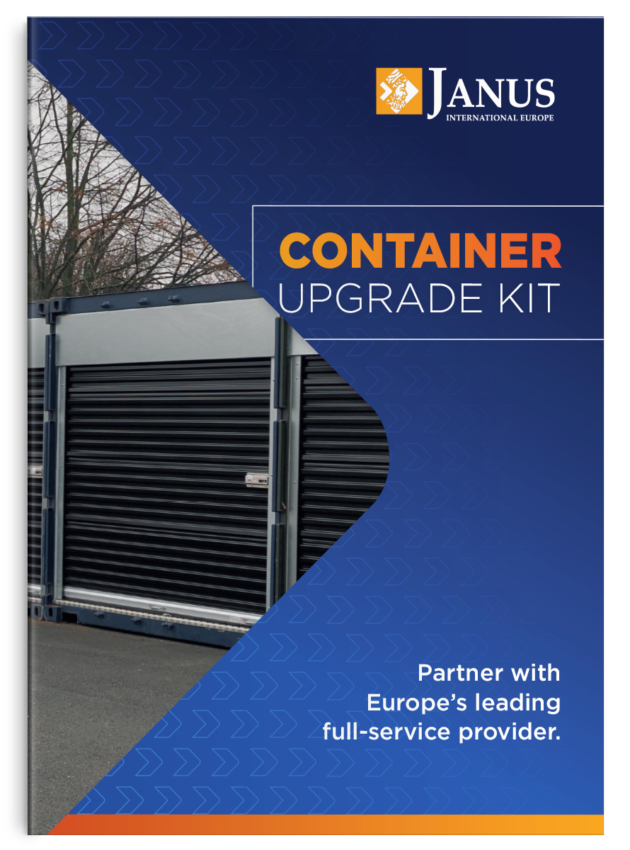 A marketing brochure for Janus International Europe's Container Upgrade Kit, featuring a blue background with the company logo and an image of a shipping container with roll-up doors. The text promotes partnering with 