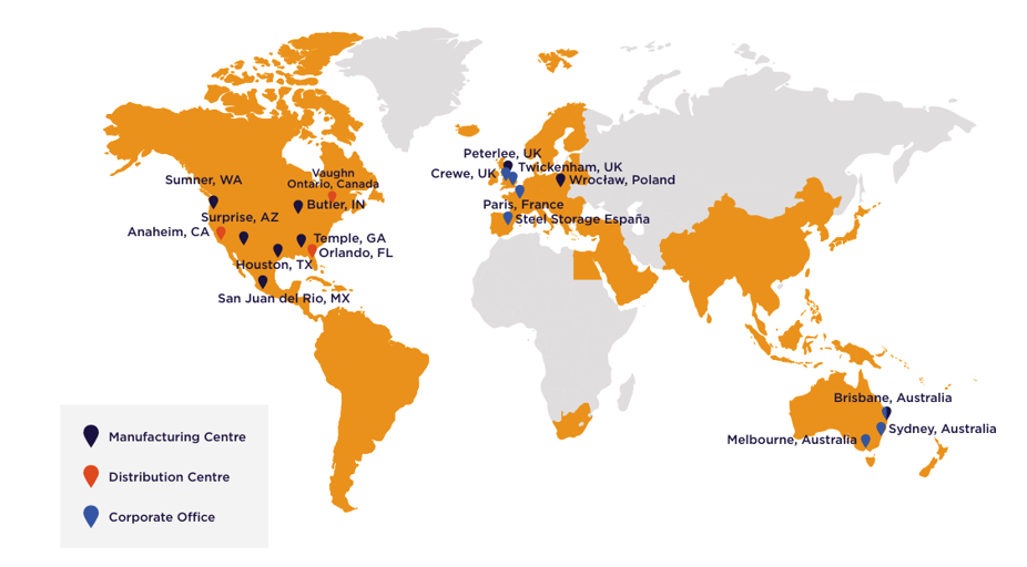A world map showing global distribution of company locations with orange-colored regions indicating operational presence. The map displays various cities marked with colored pins representing manufacturing centers (black), distribution centers (orange), and corporate offices (blue) across North America, Europe, Asia-Pacific, and other regions.